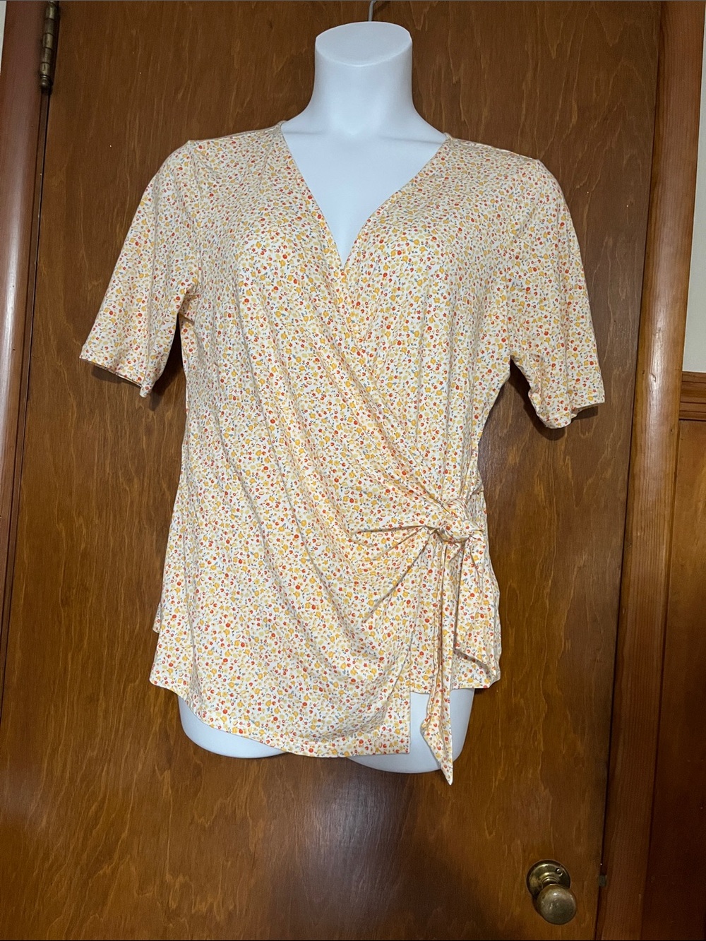 Lands' End Cream Floral Wrap-Style Top with Tie, Size L